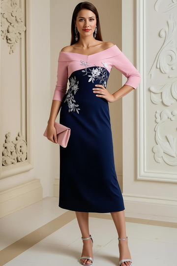 Bleu marine à épaules dénudées à manches 3/4 Robe de mère de la mariée avec appliques de dentelle